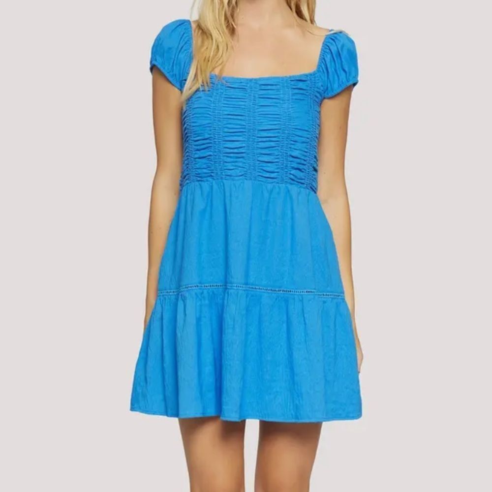 Lost + Wander Zaffiro Shirred Tiered Minidress Vibrant Blue Dress size small
